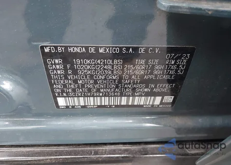 2024 Honda Hr-V 2Wd Ex-L/2Wd Ex-L W/O Bsi from USA, damaged, VIN 3CZRZ1H79RM713648